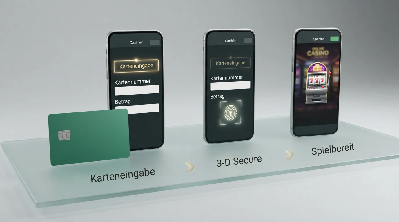 Drei Schritte einer Casino-Einzahlung: Karteneingabe, 3-D-Secure-Bestätigung, Spielbereitschaft — als vereinfachte Infografik