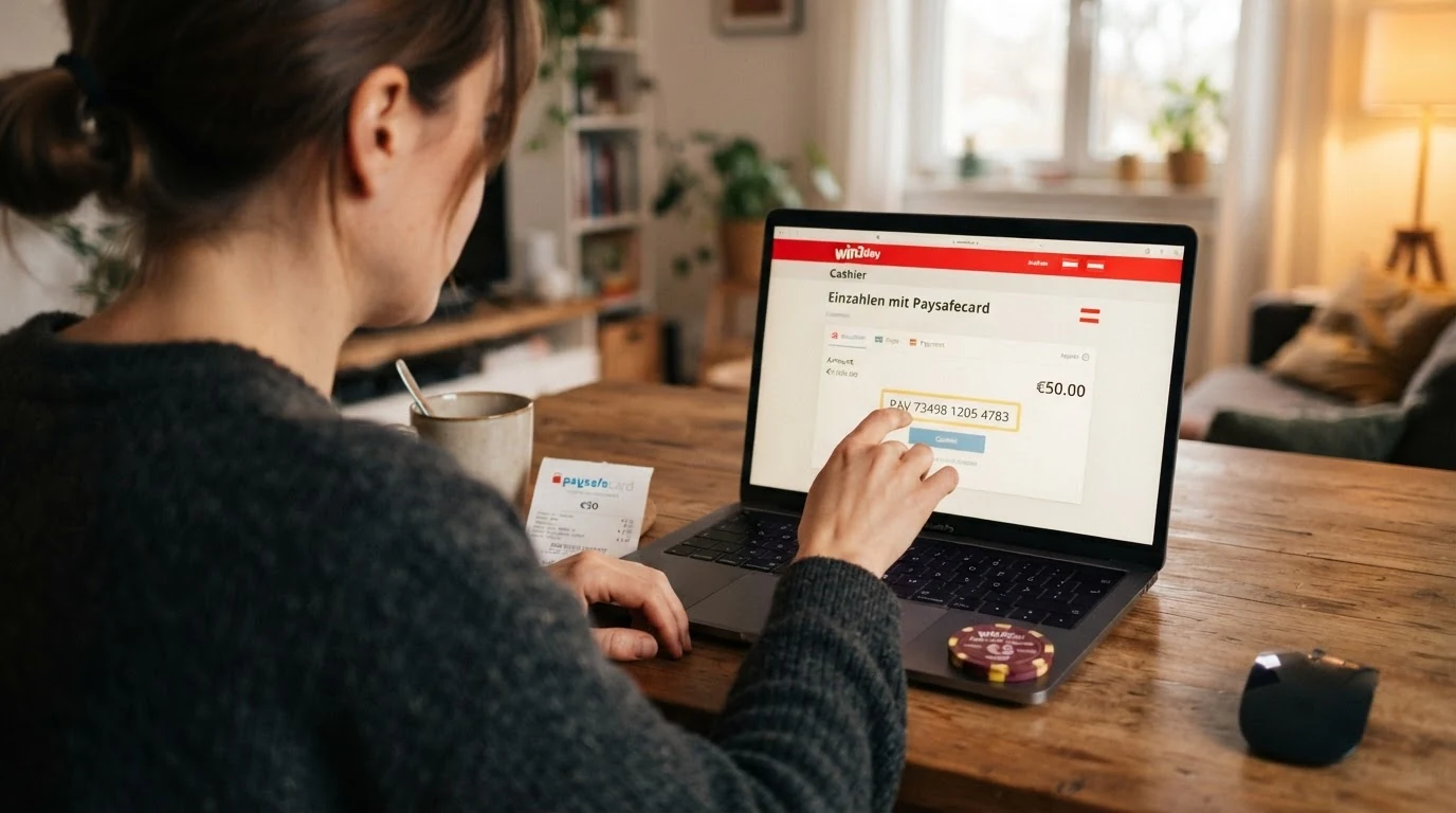 Bildschirmfoto-Abfolge: Casino-Kassenbereich mit ausgewählter Paysafecard-Option, PIN-Eingabefeld und Bestätigungsdialog