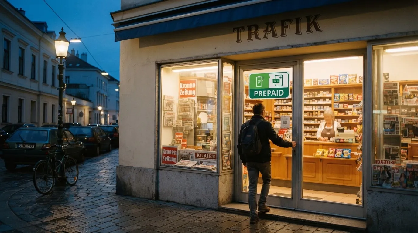 Die Außenansicht einer österreichischen Tankstelle oder Trafik mit CashtoCode-Partneraufkleber am Eingang