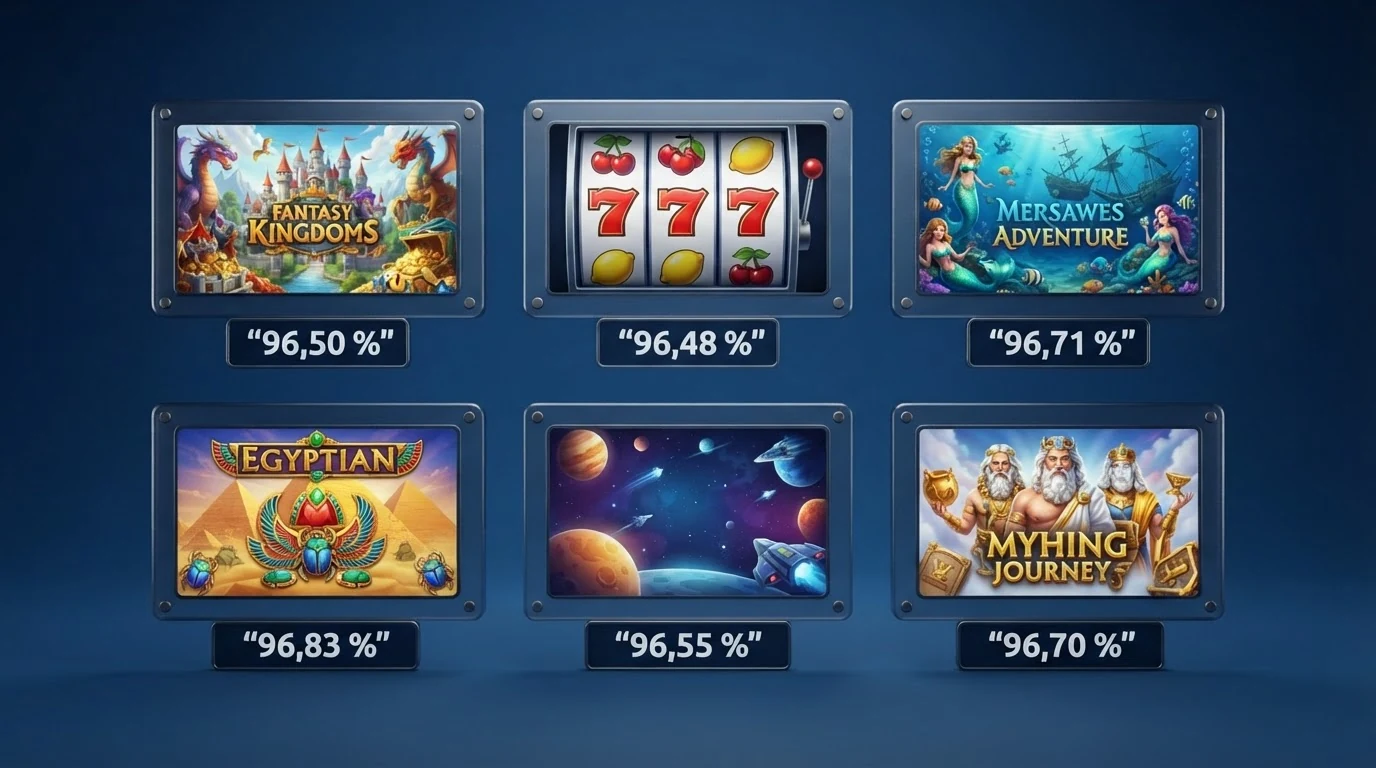 Sechs Slot-Cover (Gates of Olympus, Sweet Bonanza, Big Bass Bonanza, Jammin' Jars, Razor Returns, Razor Shark) mit eingeblendeten RTP-Prozentwerten
