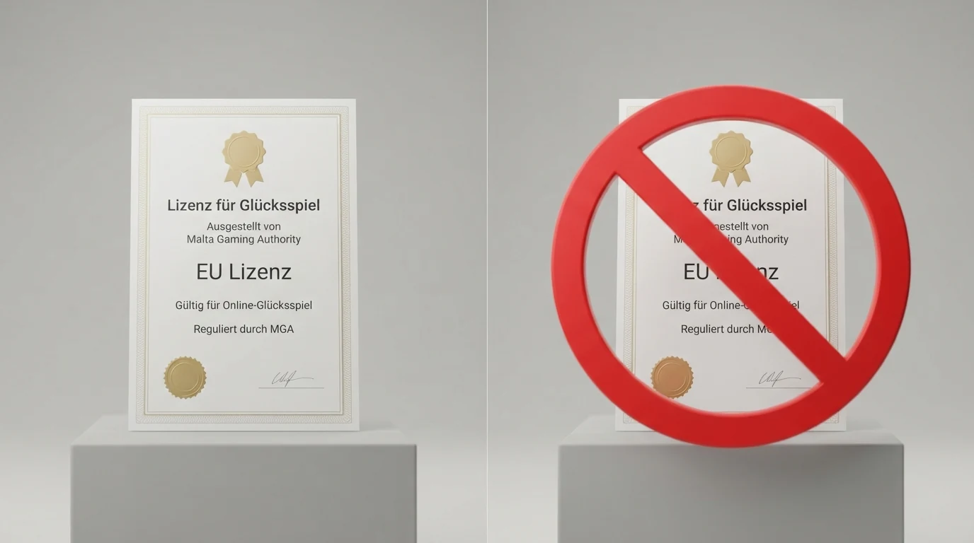 Grafische Gegenüberstellung: eine EU-Lizenz-Urkunde mit Malta-Bezug auf der linken Seite, ein rotes „In Österreich nicht gültig"-Symbol auf der rechten Seite