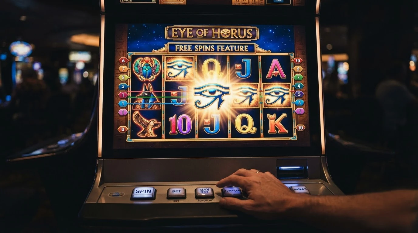 Nahaufnahme des Eye-of-Horus-Slot-Bildschirms mit den fünf Walzen, dem Horus-Auge als Scatter-Symbol und einem aktivierten Freispiel-Feature