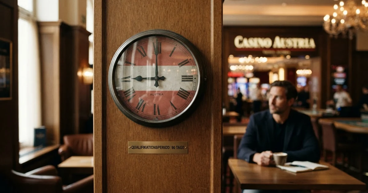 Eine stilisierte Uhr oder ein Kalenderblatt mit dem Symbol für eine Wartezeit, vor dem Hintergrund der österreichischen Flagge oder eines Casino-Eingangs