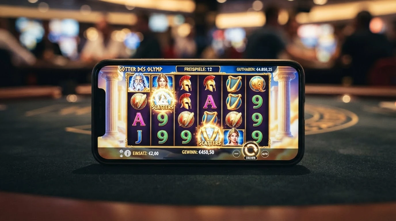 Der Spielautomat Gates of Olympus von Pragmatic Play mit seinen sechs Walzen, Multiplikator-Symbolen und dem antiken Olymp-Design