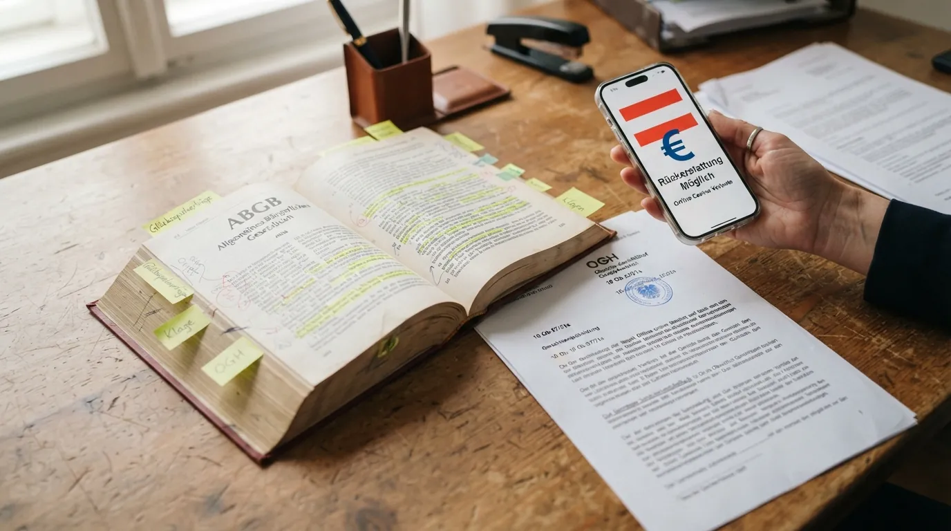 Aufgeschlagenes österreichisches Gesetzbuch mit Paragrafenmarkierungen neben einem Gerichtsurteil mit OGH-Aktenzeichen