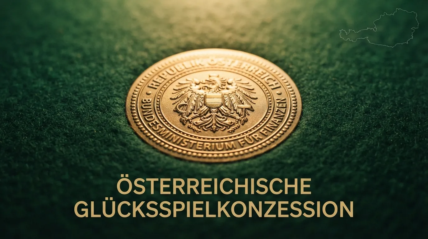 Das offizielle Siegel der österreichischen Glücksspielkonzession neben einer stilisierten Österreich-Karte mit hervorgehobener Hauptstadt