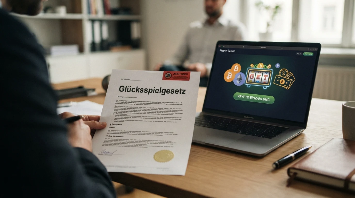 Ein offiziell wirkendes Dokument mit der Aufschrift „Glücksspielgesetz“ neben einem Bildschirm, der ein Casino mit Krypto-Einzahlung zeigt — dazwischen ein rotes Warnsymbol