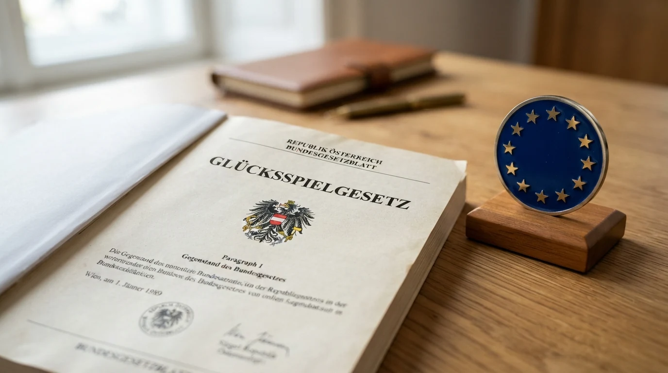 Ein amtlich wirkendes Dokument mit sichtbarem Bundesadler und dem Schriftzug „Glücksspielgesetz“, teilweise aufgeklappt, daneben das EU-Flaggen-Symbol in kontrastierender Farbe.