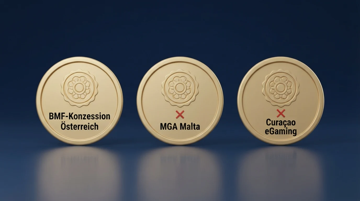 Drei fiktive Lizenzsiegel nebeneinander: „BMF-Konzession Österreich“, „MGA Malta“ und „Curaçao eGaming“ – jeweils mit einem Haken oder Kreuz darunter