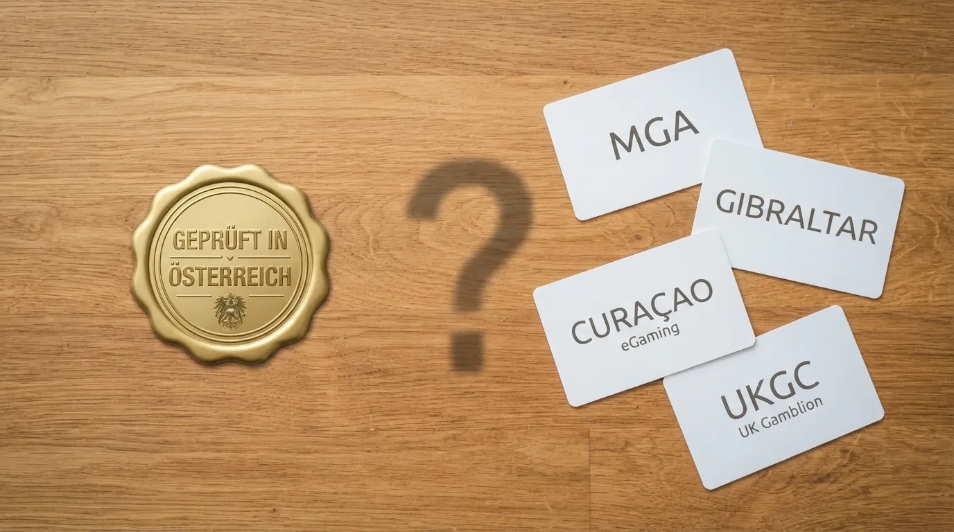 Eine schematische Übersicht: links das win2day-Logo unter dem Schriftzug „AT-Konzession“, rechts mehrere Casino-Logos unter „MGA / Gibraltar / Curaçao — keine AT-Erlaubnis“, verbunden durch ein Fragezeichen.