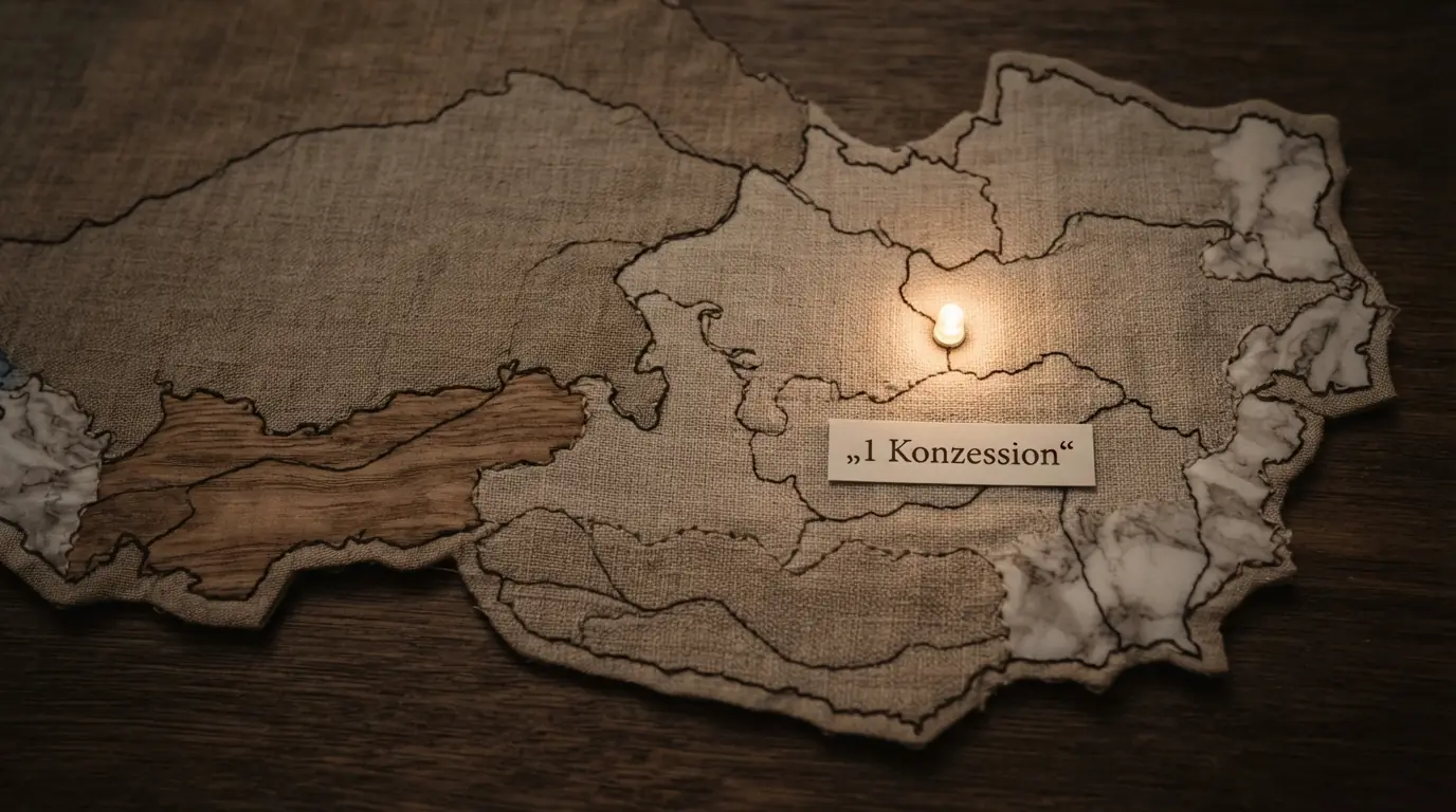 Stilisierte Österreich-Karte mit einem einzelnen leuchtenden Punkt für Wien und der Beschriftung „1 Konzession“