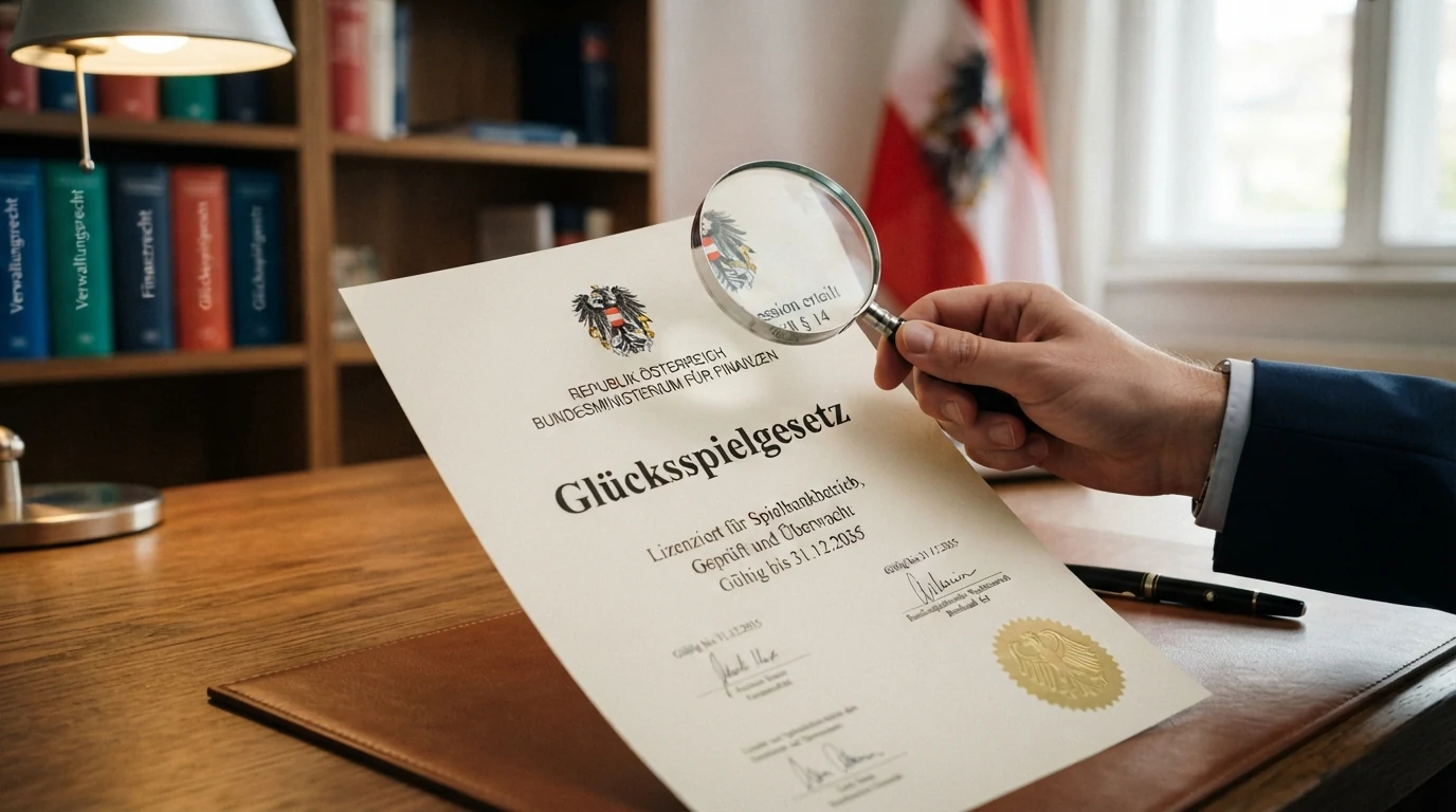 Ein amtliches Dokument mit dem Schriftzug „Glücksspielgesetz“ und dem österreichischen Bundesadler auf einem Schreibtisch, daneben eine Lupe
