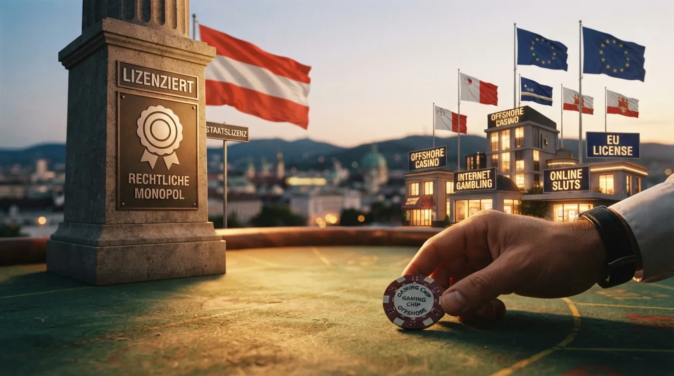 Ein grafischer Vergleich: Österreich-Karte mit einem Monopol-Turm (win2day) auf der einen, einer Gruppe von Offshore-Casinos unter EU-Flaggen auf der anderen Seite