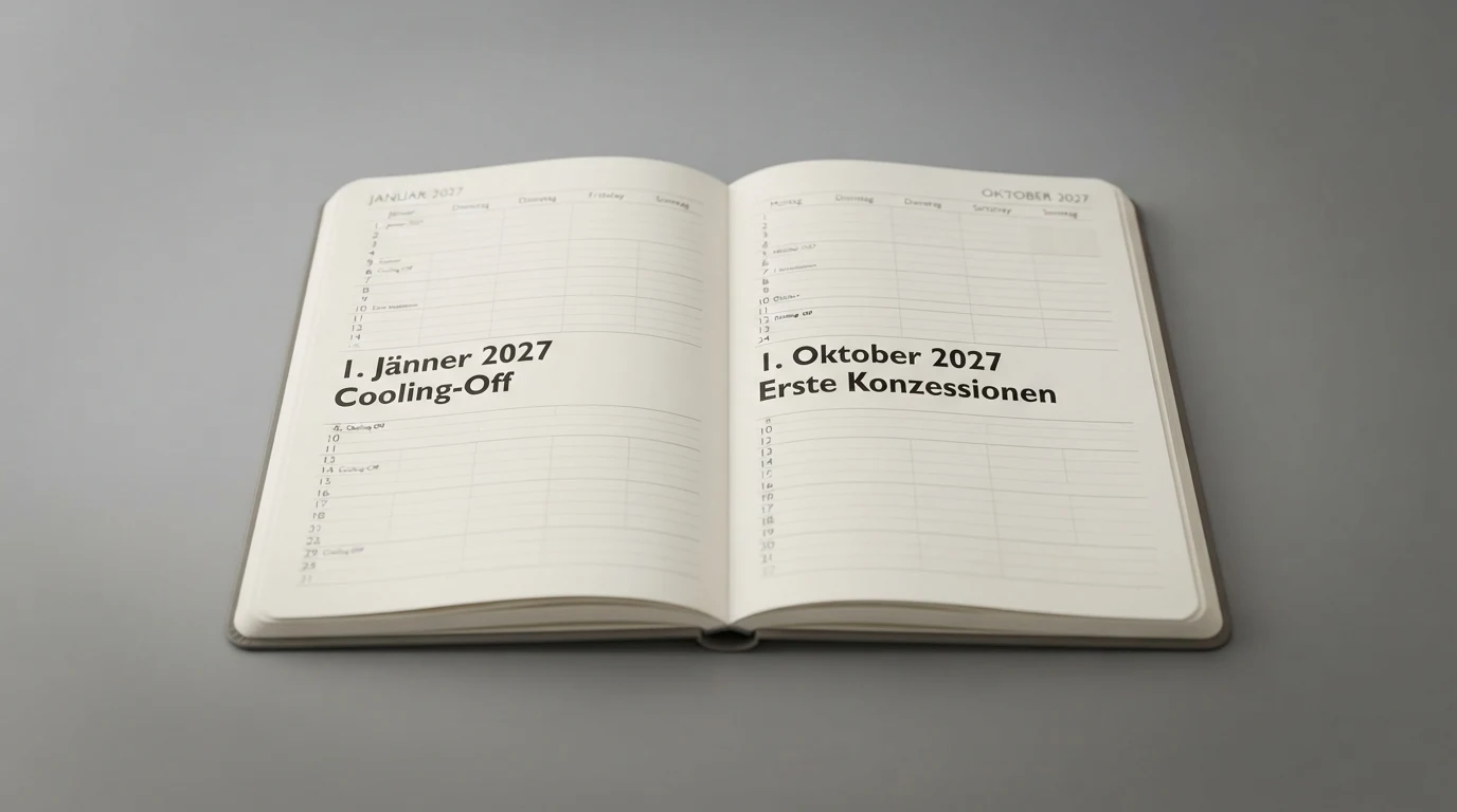 Ein Kalender, auf dem die Daten 1. Januar 2027 und 1. Oktober 2027 mit „Cooling-Off“ und „Erste Konzessionen“ markiert sind