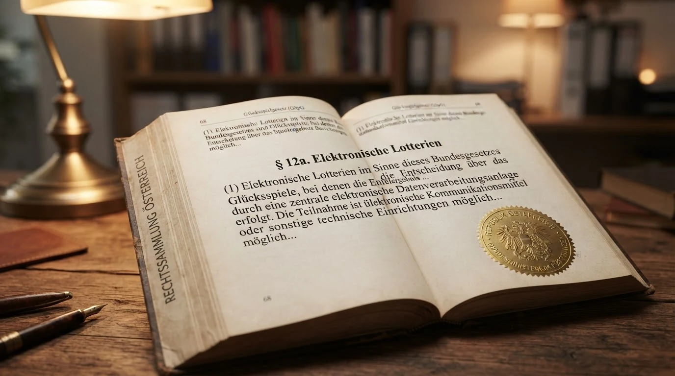 Ein aufgeschlagenes Gesetzbuch mit dem sichtbaren Paragrafen „§ 12a GSpG“ oder das Wappen der Republik Österreich neben dem BMF-Logo auf einer Dokumentenseite