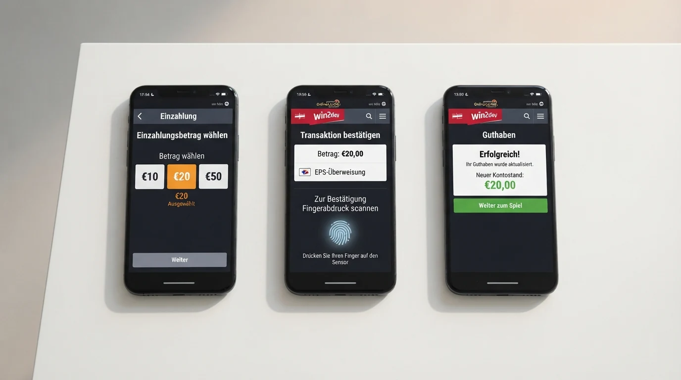 Drei aufeinanderfolgende Smartphone-Screens: Betrag auswählen, per Fingerabdruck bestätigen, Casino-Guthaben mit aktualisiertem Kontostand