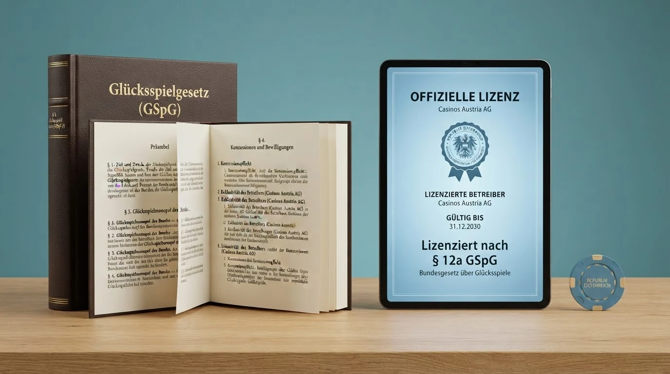 Ein aufgeschlagenes juristisches Dokument mit dem Titel „Glücksspielgesetz“ neben einem Tablet, das eine Casino-Lizenz-Urkunde zeigt