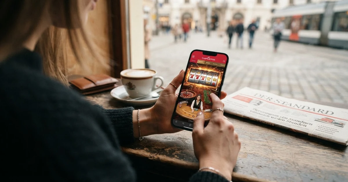 Ein Smartphone in der Hand einer Person, auf dessen Bildschirm das Layout eines mobilen Online-Casinos mit Spielautomaten und Menüführung zu sehen ist