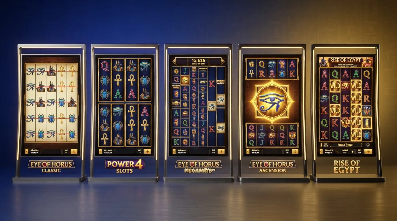 Eine grafische Gegenüberstellung der fünf Eye of Horus-Varianten Classic, Power 4, Megaways, Jackpot King und Rise of Egypt mit ihren unterschiedlichen Spielfeld-Layouts
