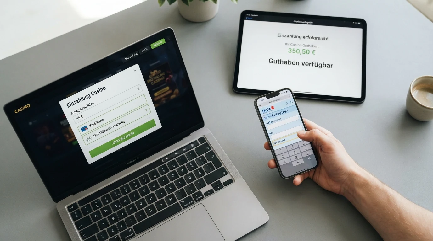 Drei aufeinanderfolgende Bildschirm-Schritte: Casino-Kasse mit Klarna-Auswahl, Online-Banking-Login mit TAN-Eingabe, Bestätigungsseite mit Spielguthaben