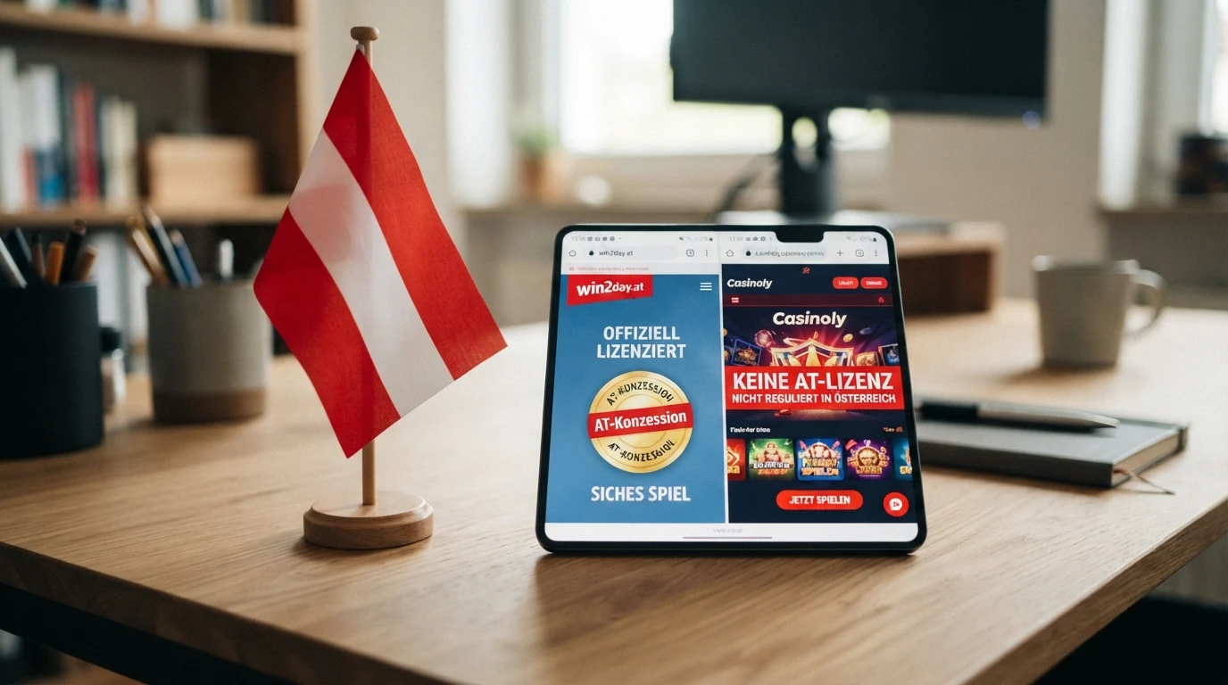 Eine österreichische Flagge neben einem Smartphone-Bildschirm der ein Casino-Logo und den Text „Lizenz“ oder „Keine AT-Konzession“ zeigt