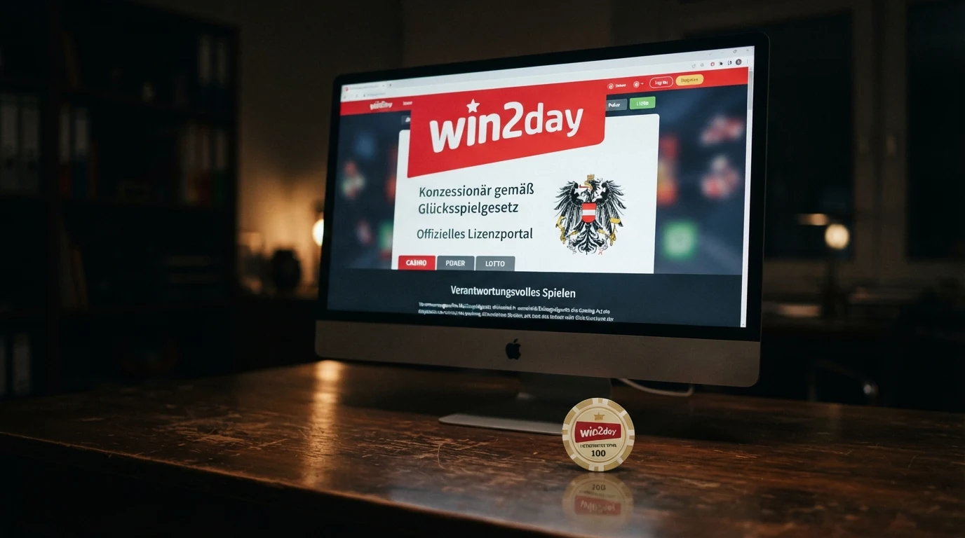 Offizielles win2day-Logo neben dem Schriftzug „Konzessionär gemäß Glücksspielgesetz“ und dem Bundeswappen Österreichs, auf einem Monitor vor dunklem Hintergrund