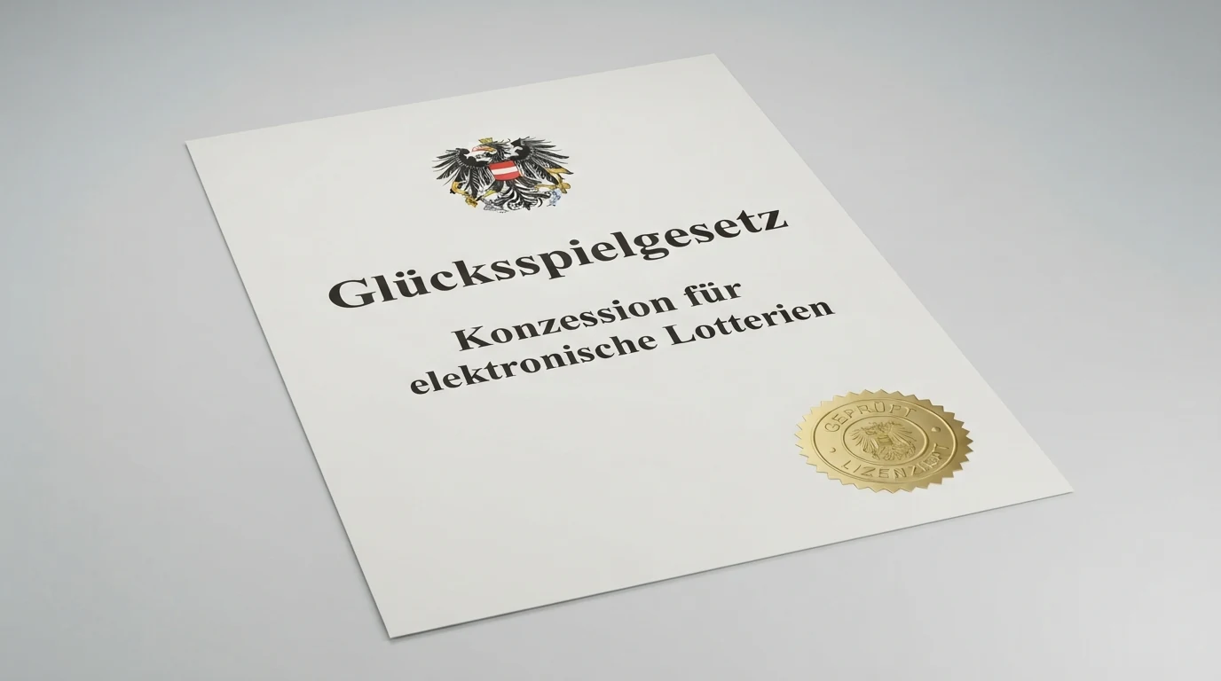 Ein offizielles Dokument mit dem österreichischen Bundesadler und dem Titel „Glücksspielgesetz — Konzession für elektronische Lotterien“ auf einem Schreibtisch