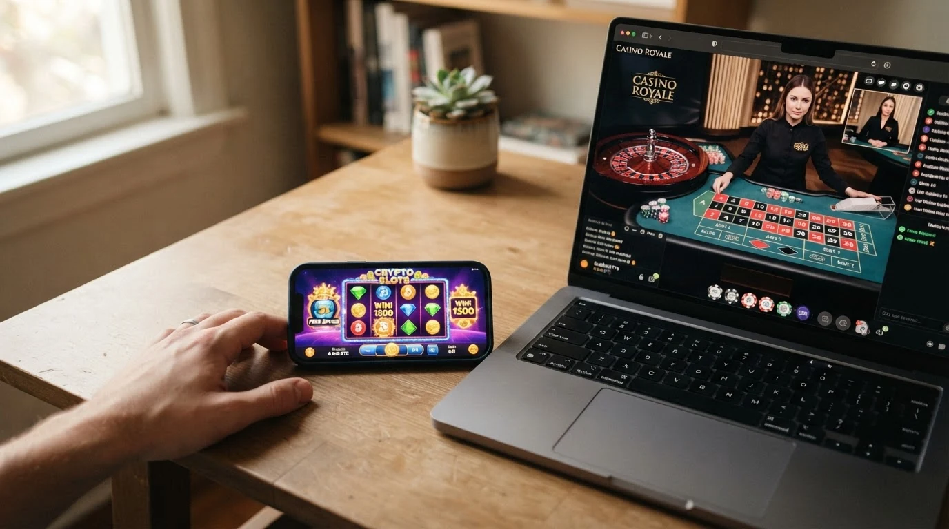 Eine Spielauswahl-Übersicht mit Slot-Covern und einem Live-Dealer-Tisch, daneben eine Einzahlungsleiste mit BTC- und USDT-Optionen