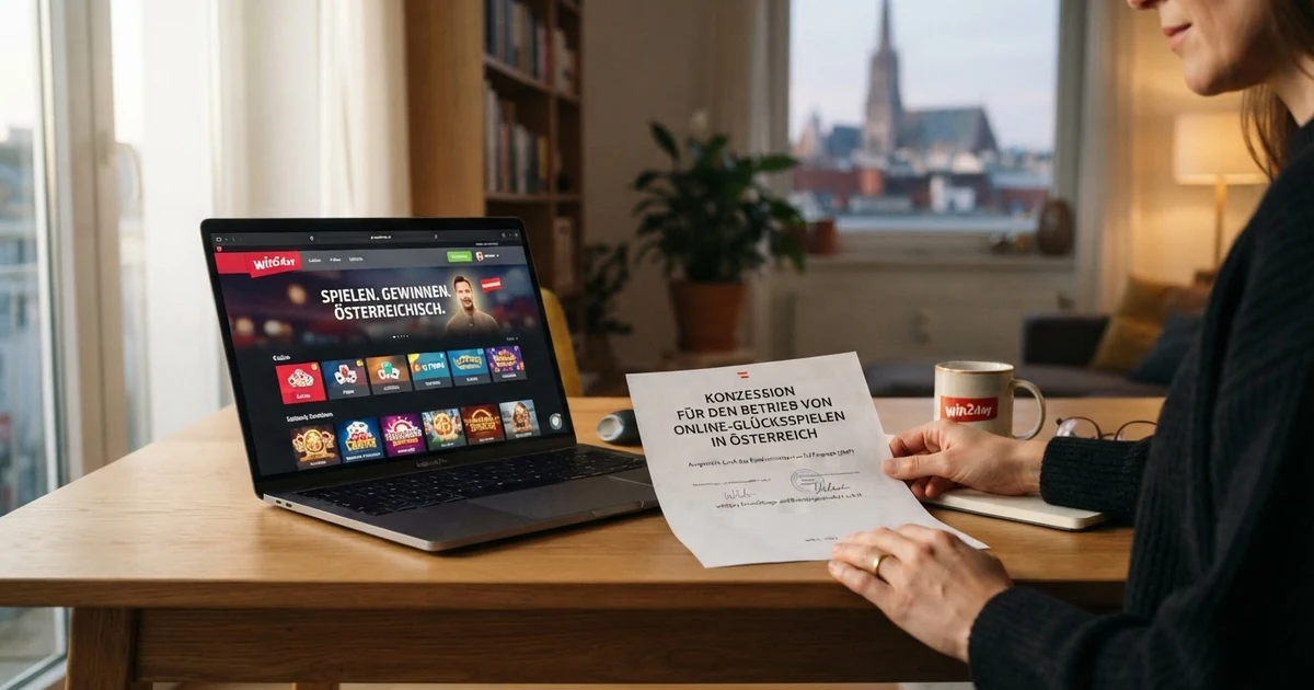 Bildschirm mit der Startseite eines legalen österreichischen Online-Casinos, daneben ein Dokument mit dem Schriftzug „Konzession“