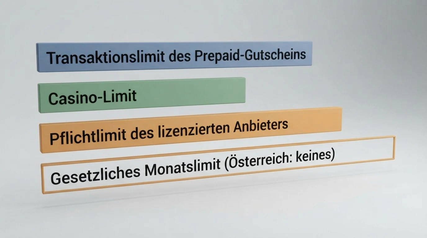 Schematische Darstellung: Vier Balken zeigen die unterschiedlichen Limit-Ebenen — Paysafecard-Transaktionslimit, Casino-Limit, win2day-Pflichtlimit und gesetzliches Limit (Österreich: keines)