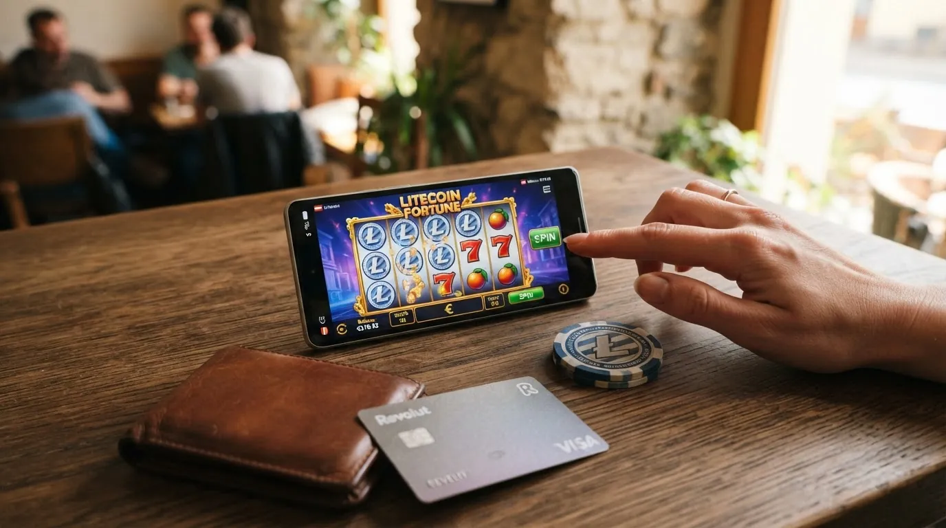 Bildschirmaufnahme eines Litecoin-Slot-Spiels mit Walzen, Gewinnlinien und LTC-Guthabenanzeige