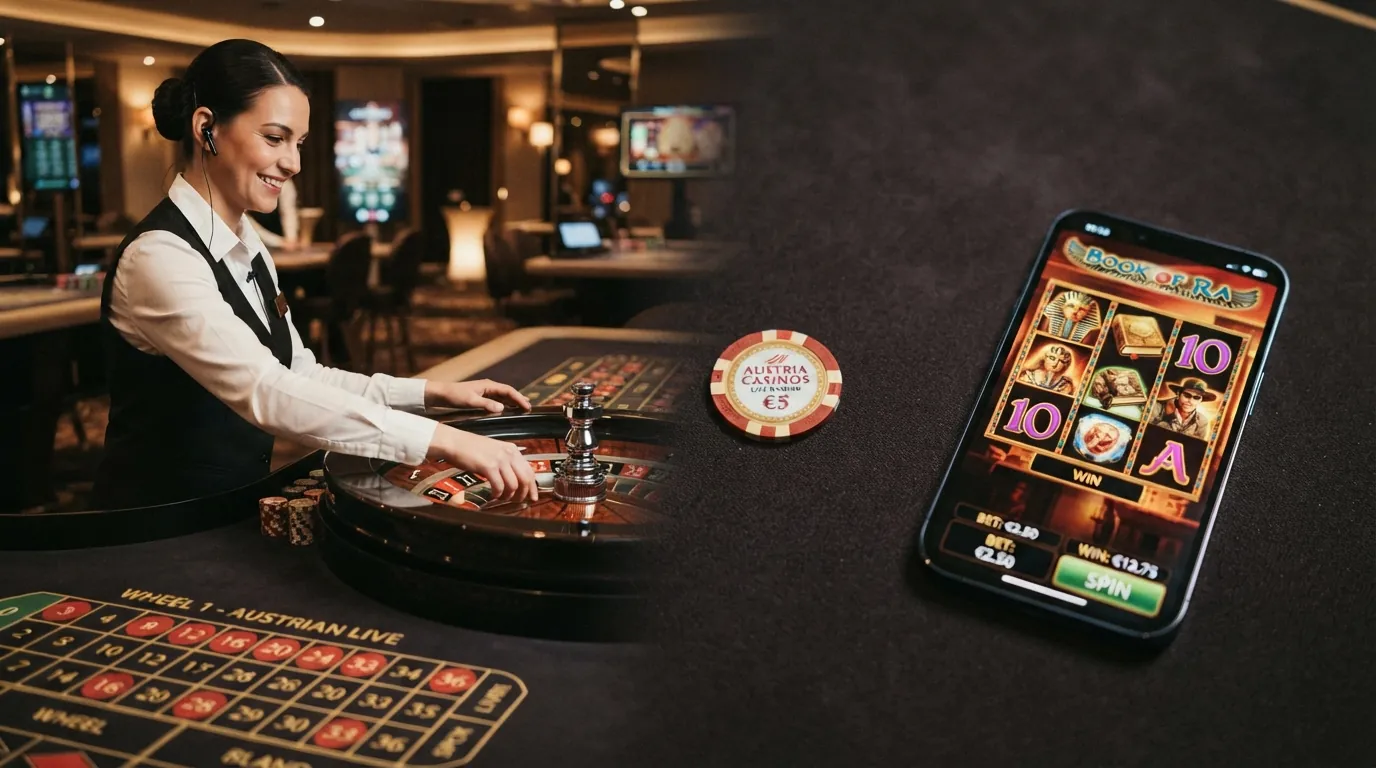 Live-Casino-Tisch mit Dealer und Slot-Interface nebeneinander — die zwei Spielwelten österreichischer Online-Casinos