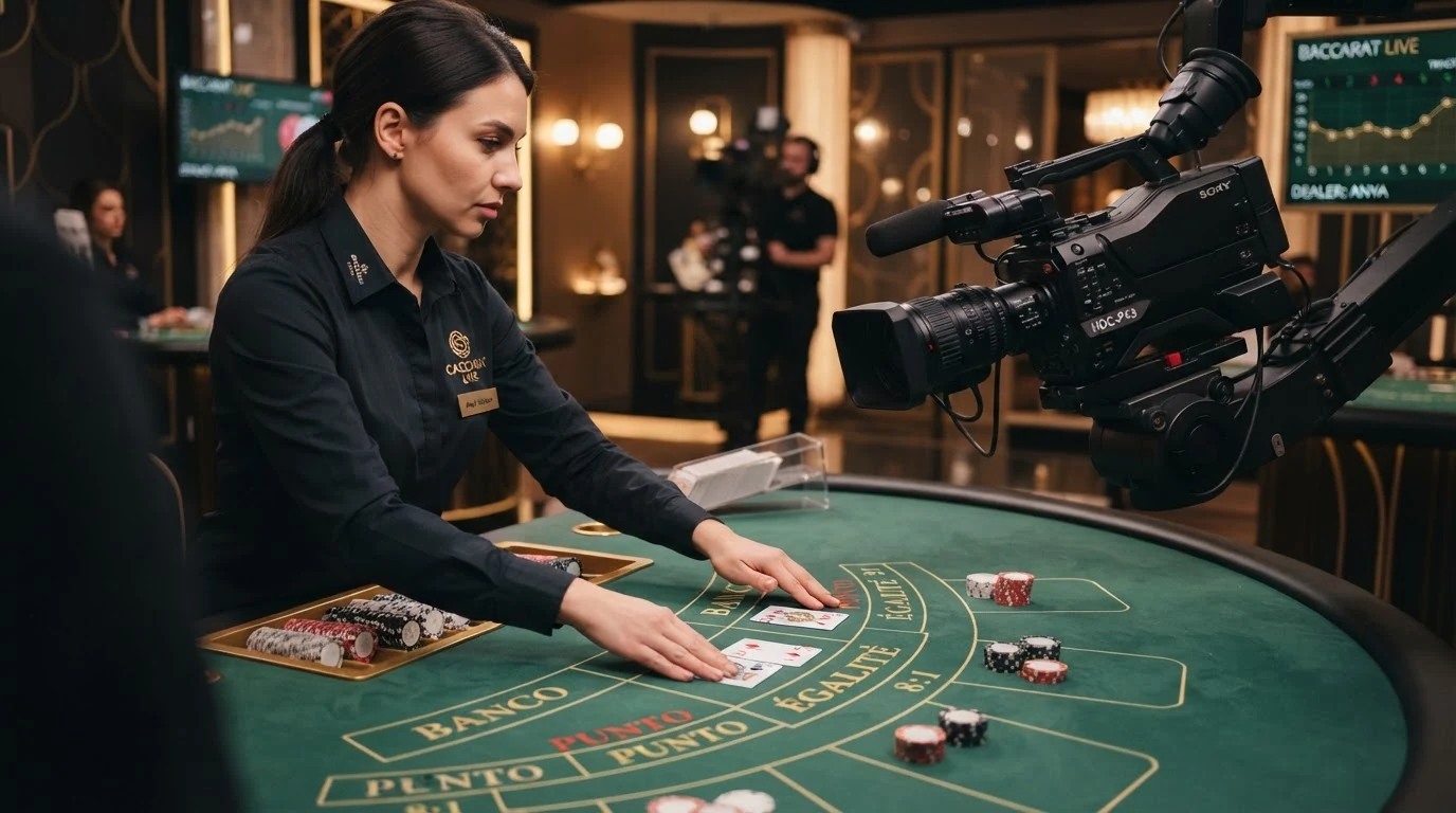 Eine Live-Croupierin an einem Baccarat-Tisch, per HD-Kamera in Echtzeit in ein Online-Casino gestreamt