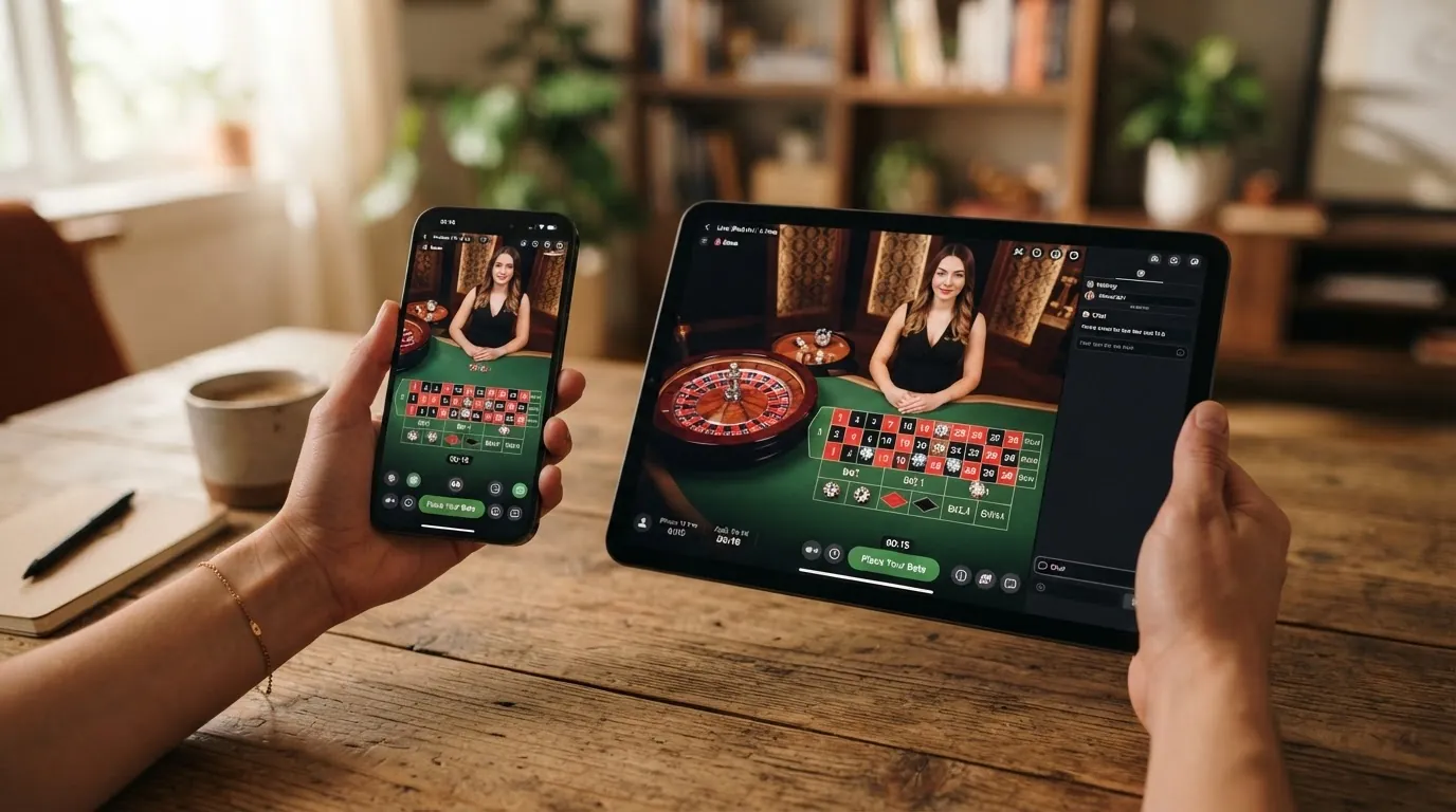 Ein Smartphone und ein Tablet zeigen denselben Live-Roulette-Tisch — links in der nativen Casino-App, rechts im mobilen Browser, beide im Querformat mit Wettinterface