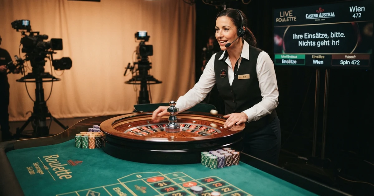 Ein Live-Roulette-Tisch mit deutschsprachigem Croupier im Evolution-Gaming-Studio, mehrere Kameras fangen das Rad und das Tableau ein, der Dealer begrüßt die Spieler auf Deutsch
