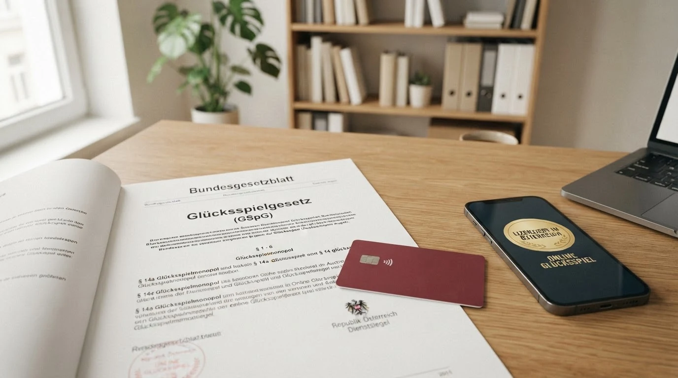 Ein offizielles Dokument mit dem Siegel der Republik Österreich und dem Schriftzug „Glücksspielgesetz“ neben einer Paysafecard auf einem Schreibtisch