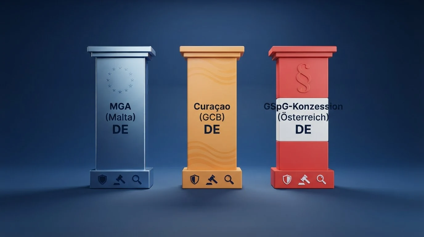 Drei nebeneinanderstehende Säulen: MGA (blau, EU-Sterne), Curaçao (orange, Offshore-Wellen) und GSpG-Konzession (rot-weiß-rot, Paragraph-Zeichen) — jeweils mit Symbolen für Spielerschutz, Rückforderung und Aufsicht darunter.