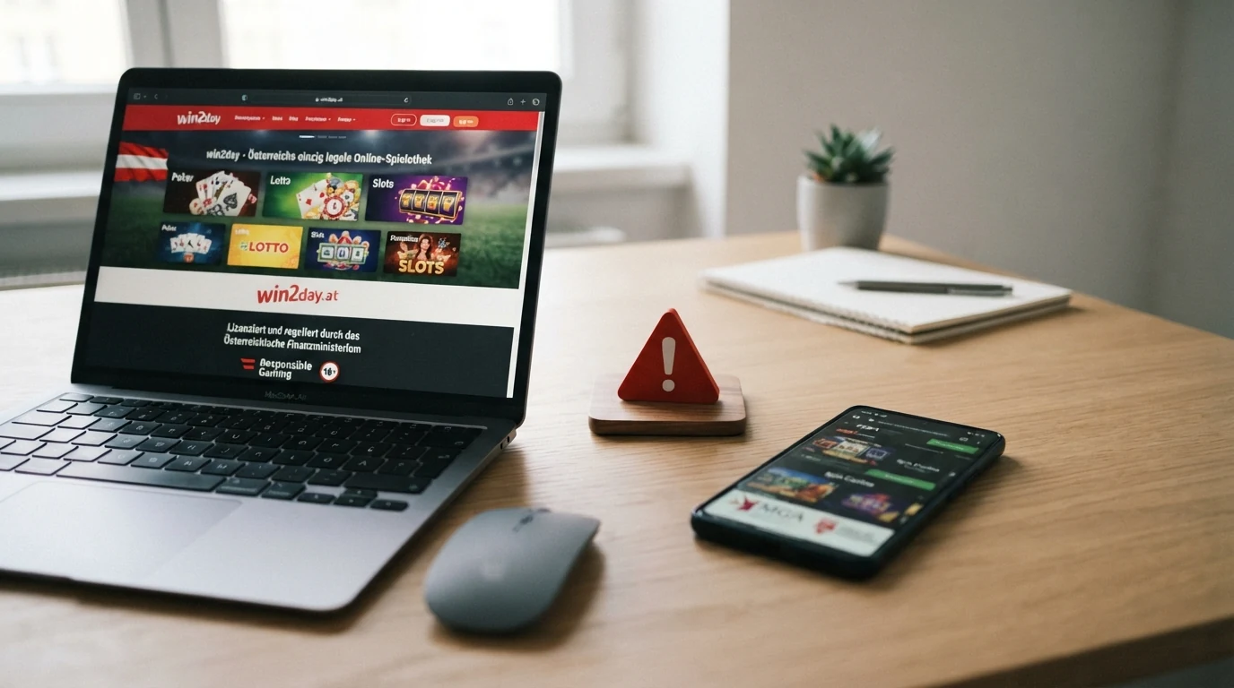 Ein Win2day-Startbildschirm neben Logos von MGA- und Gibraltar-lizenzierten Casinos, getrennt durch ein Warnsymbol