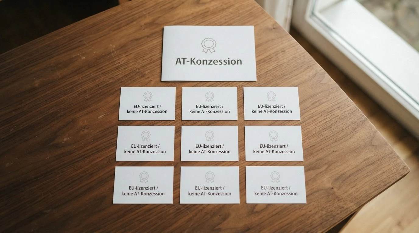 Zehn Casino-Logos in einer Übersicht, gruppiert nach Lizenzstatus: win2day allein unter „AT-Konzession“, die übrigen neun unter „EU-lizenziert / keine AT-Konzession“
