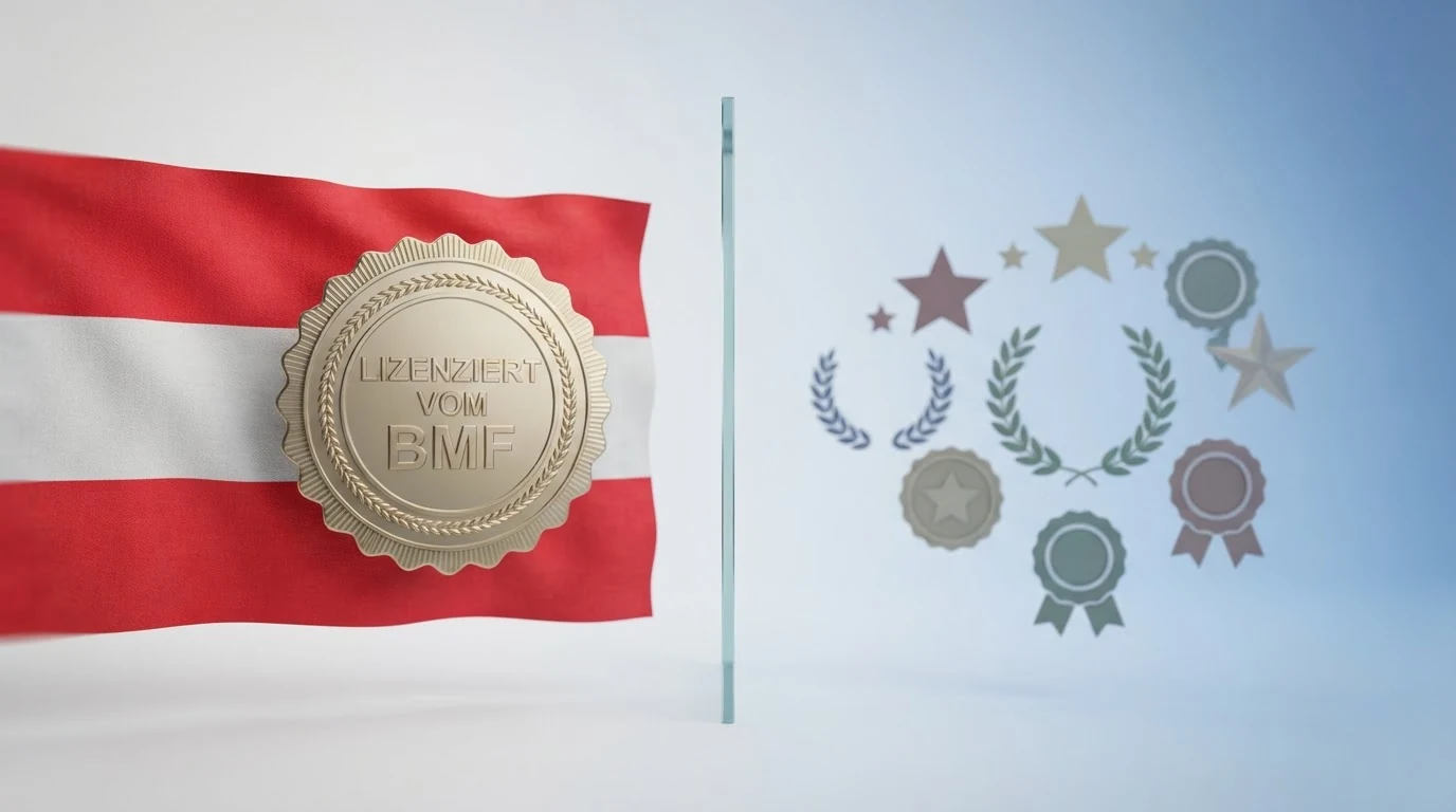 Schematische Gegenüberstellung: Österreich-Flagge mit einem Lizenzsiegel auf der linken Seite, EU-Sterne und Offshore-Symbole auf der rechten