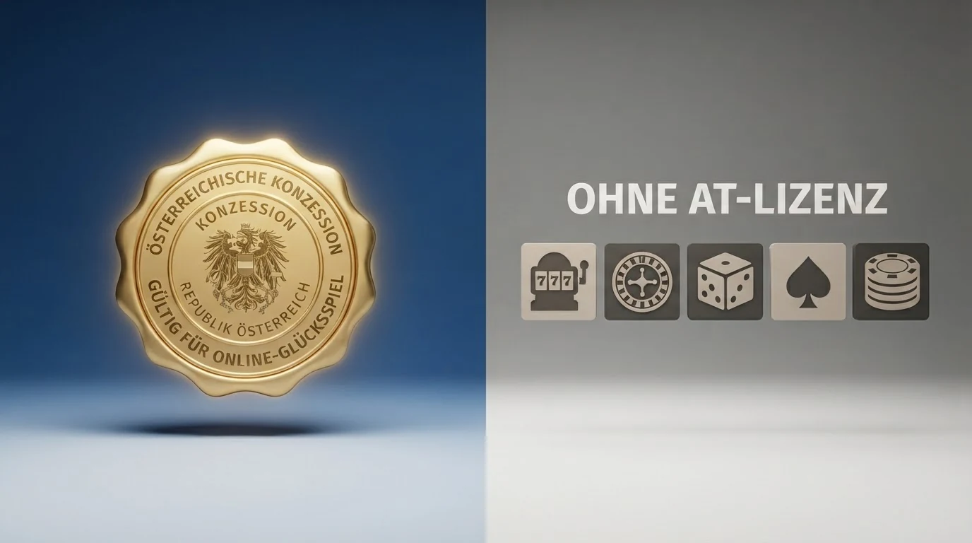 Gegenüberstellung: Links das win2day-Logo mit dem Schriftzug „Österreichische Konzession“, rechts eine Reihe von Casino-Logos unter der Überschrift „Keine AT-Lizenz“
