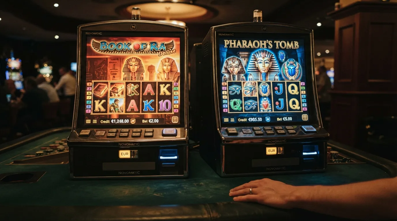 Bildschirmansicht der Spielautomaten Book of Ra und Eye of Horus nebeneinander mit sichtbaren Walzen und Gewinntabelle