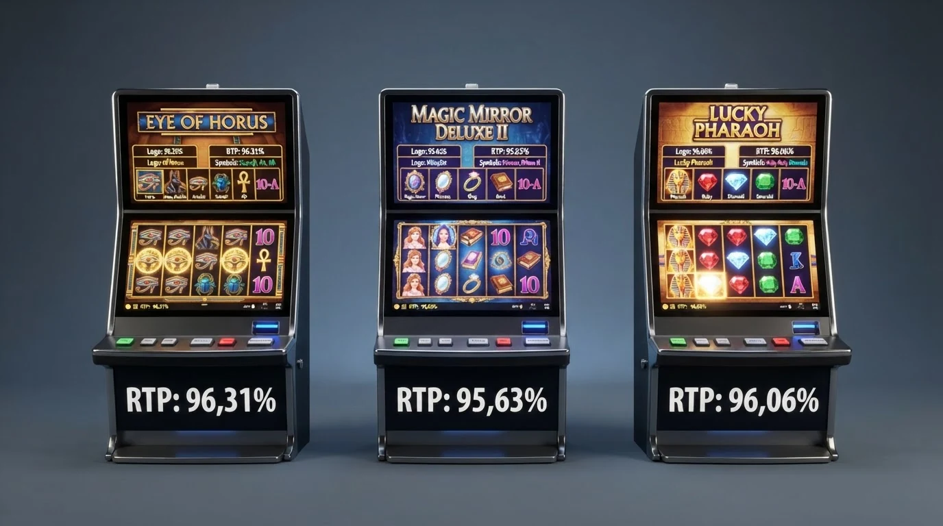 Mehrere Merkur Spielautomaten nebeneinander, darunter ihre RTP-Werte und Walzen-Symbole