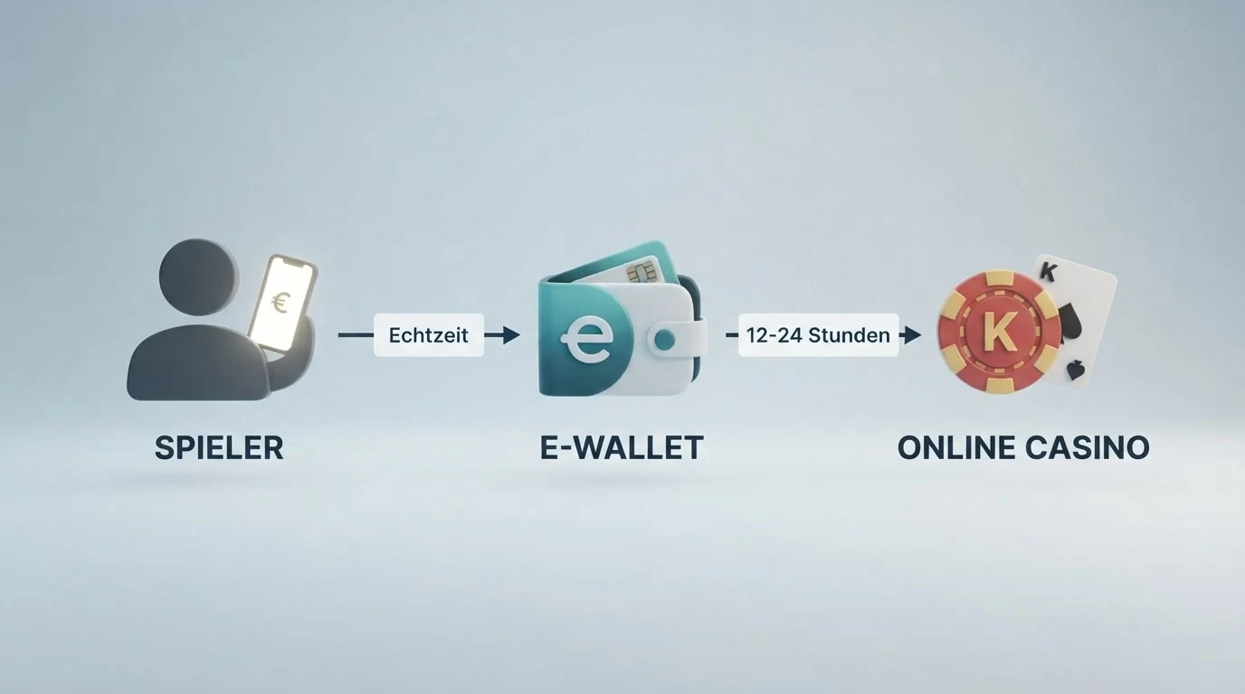 Schematische Darstellung des Zahlungsflusses: Spieler → MiFinity-eWallet → Online-Casino mit Zeitangaben für Ein- und Auszahlung