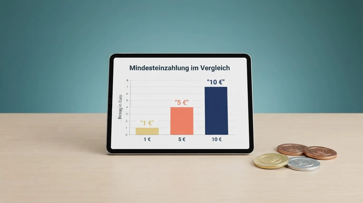 Eine tabellarische Übersicht von Online-Casino-Logos mit farblich markierten Mindesteinzahlungswerten zwischen 1 und 20 Euro, sortiert nach Betragshöhe.