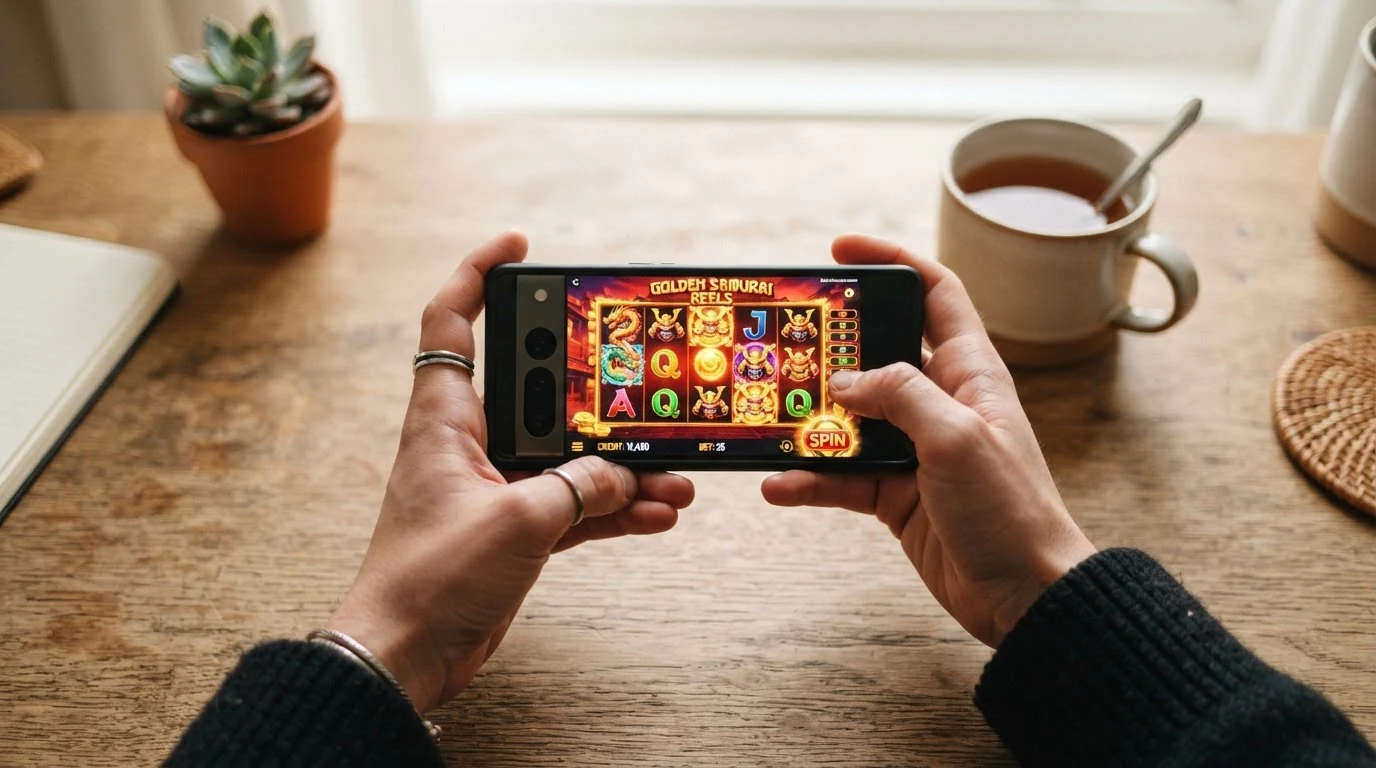 Smartphone im Querformat mit geöffnetem Spielautomaten im mobilen Browser, Touch-Bedienung sichtbar.
