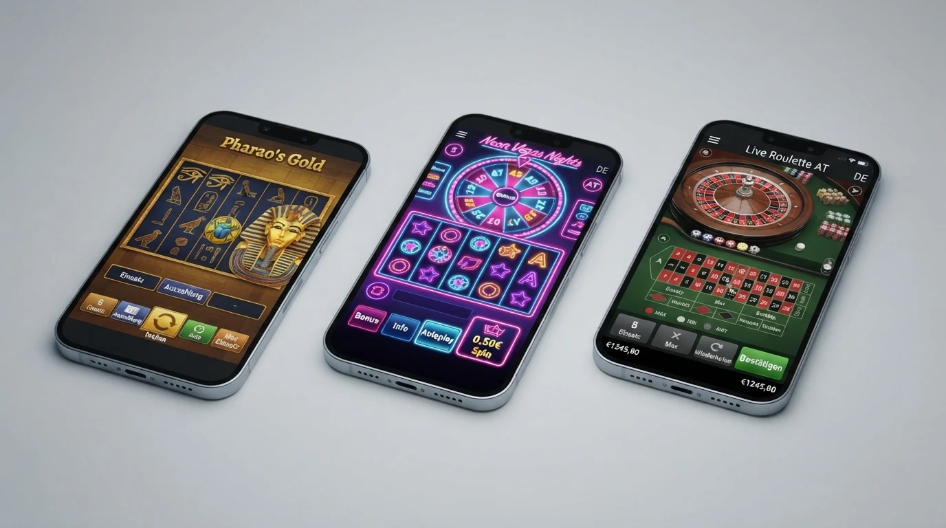 Drei verschiedene Spielautomaten auf einem Smartphone-Bildschirm im Hochformat