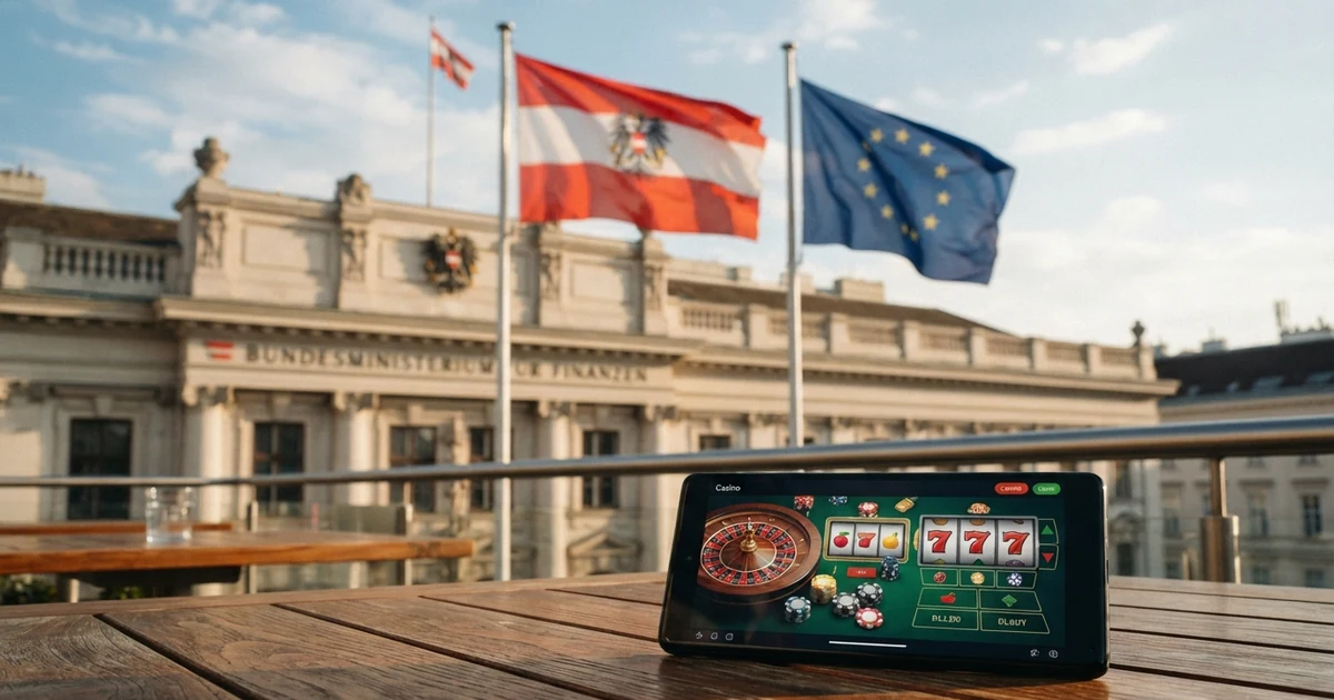 Eine österreichische EU-Flagge vor dem Bundesministerium für Finanzen in Wien, daneben ein Smartphone mit geöffneter Casino-Website