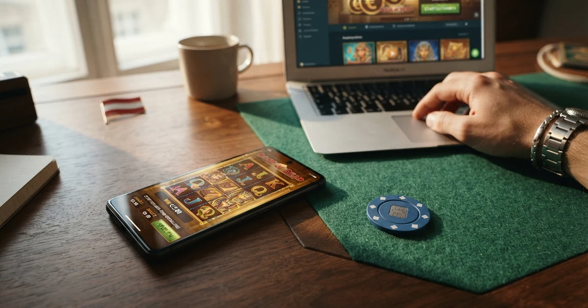 Ein Spielautomat und ein Euro-Symbol mit der Aufschrift „Gratis-Startguthaben“, ein Spieler am Laptop mit geöffnetem Casino-Konto