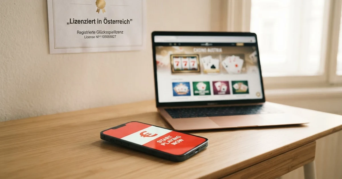 Eine stilisierte Österreich-Karte mit Markierungen für neu gestartete Online-Casinos und einem Glücksspiel-Lizenzsiegel im Vordergrund